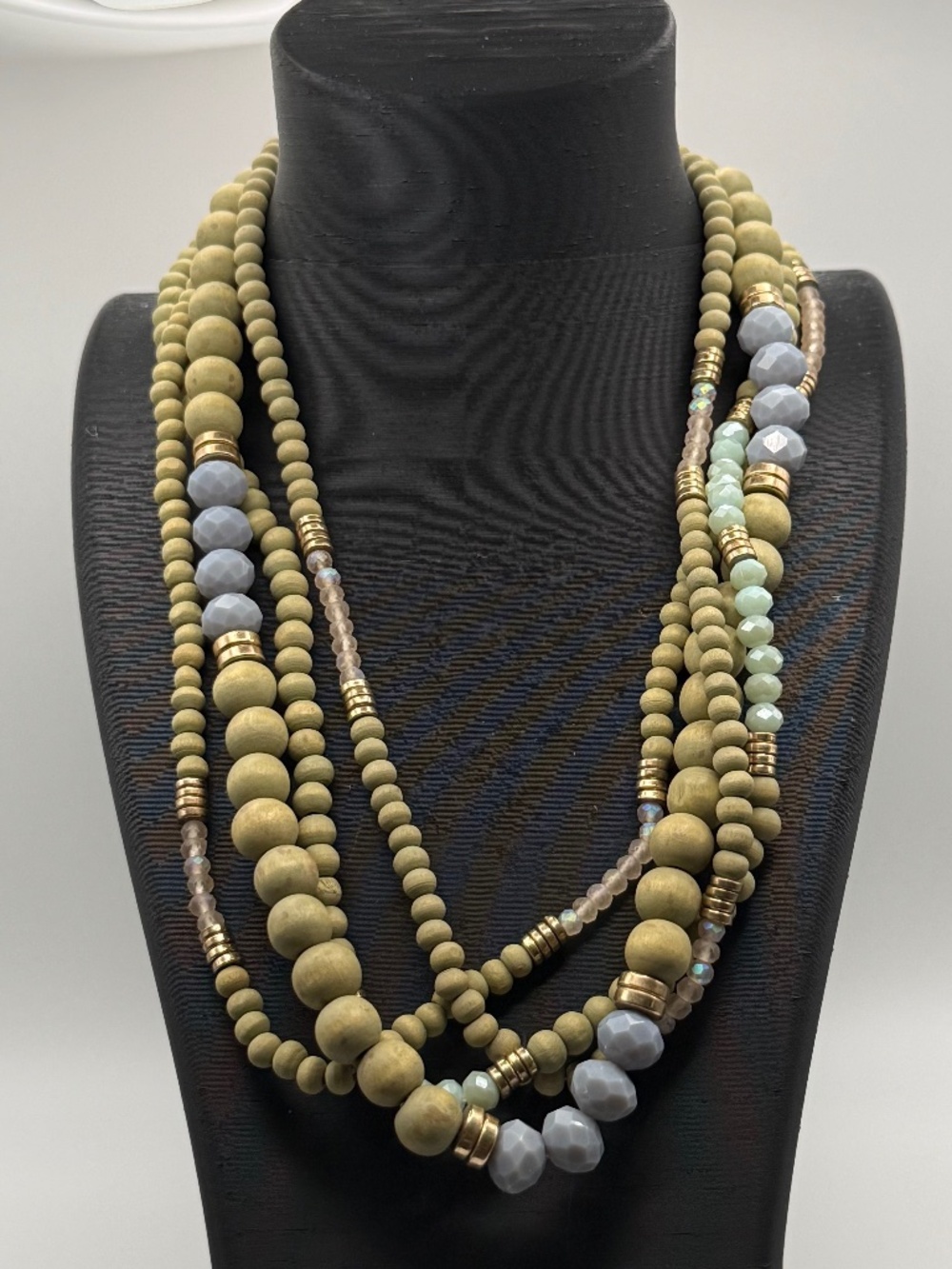 NWT Rain Light Green Blue Boho Multi-Strand Wooden Beaded Necklace & Earring Set